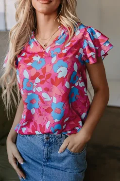 Best Dear-Lover Ruffled Sleeve Floral Blouse Rose Red