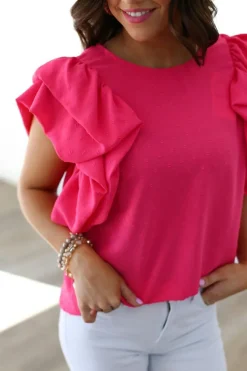 Online Dear-Lover Ruffled Sleeve Swiss Dot Blouse Rose Red