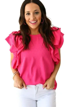 Online Dear-Lover Ruffled Sleeve Swiss Dot Blouse Rose Red