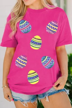 Online Dear-Lover Sequin Easter Egg Graphic Casual T Shirt Rose Red