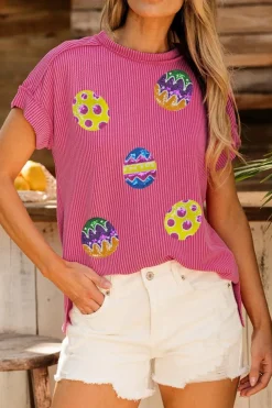 Best Dear-Lover Sequin Easter Egg Patched Graphic Crewneck Ribbed Tee Rose Red