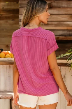 Best Dear-Lover Sequin Easter Egg Patched Graphic Crewneck Ribbed Tee Rose Red