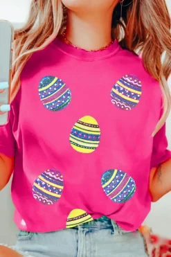 Online Dear-Lover Sequin Easter Egg Graphic Casual T Shirt Rose Red