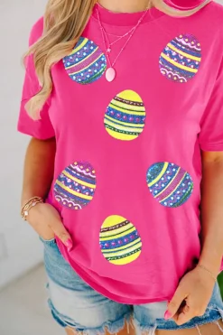 Online Dear-Lover Sequin Easter Egg Graphic Casual T Shirt Rose Red