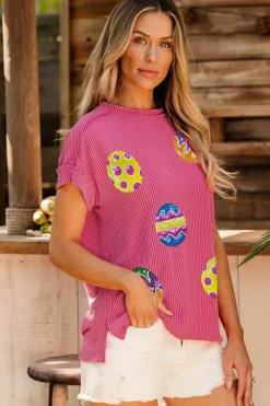 Best Dear-Lover Sequin Easter Egg Patched Graphic Crewneck Ribbed Tee Rose Red