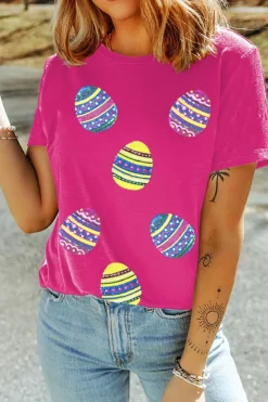Online Dear-Lover Sequin Easter Egg Graphic Casual T Shirt Rose Red