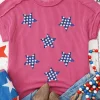Fashion Dear-Lover Sequin Star Graphic Corded Side Split Patriotic T Shirt Rose Red