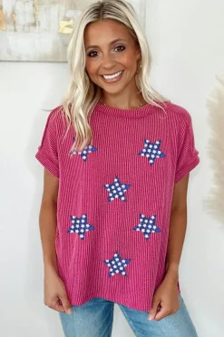 Fashion Dear-Lover Sequin Star Graphic Corded Side Split Patriotic T Shirt Rose Red