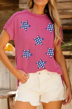Fashion Dear-Lover Sequin Star Graphic Corded Side Split Patriotic T Shirt Rose Red
