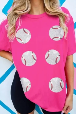 Sale Dear-Lover Sequined Baseball Graphic Cotton T Shirt Rose Red