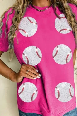 Sale Dear-Lover Sequined Baseball Graphic Cotton T Shirt Rose Red