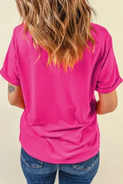 Sale Dear-Lover Sequined Baseball Graphic Cotton T Shirt Rose Red