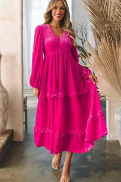 Best Dear-Lover Shirred V Neck Long Sleeve Velvet Dress Rose Red