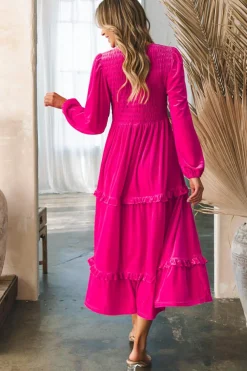 Best Dear-Lover Shirred V Neck Long Sleeve Velvet Dress Rose Red