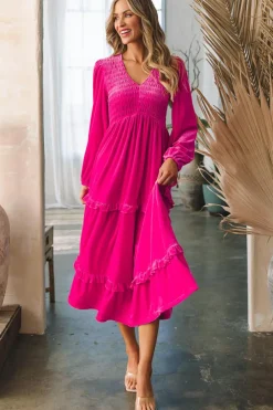 Best Dear-Lover Shirred V Neck Long Sleeve Velvet Dress Rose Red