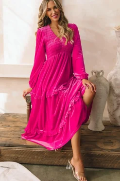 Best Dear-Lover Shirred V Neck Long Sleeve Velvet Dress Rose Red