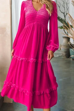 Best Dear-Lover Shirred V Neck Long Sleeve Velvet Dress Rose Red