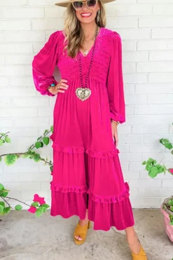 Best Dear-Lover Shirred V Neck Long Sleeve Velvet Dress Rose Red