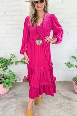 Best Dear-Lover Shirred V Neck Long Sleeve Velvet Dress Rose Red