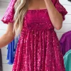 Discount Dear-Lover Short Puff Sleeve Sequin Babydoll Romper Rose Red