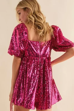 Discount Dear-Lover Short Puff Sleeve Sequin Babydoll Romper Rose Red