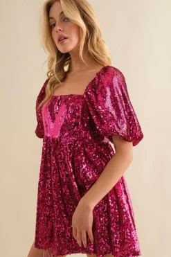 Discount Dear-Lover Short Puff Sleeve Sequin Babydoll Romper Rose Red