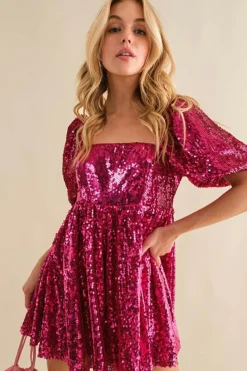 Discount Dear-Lover Short Puff Sleeve Sequin Babydoll Romper Rose Red