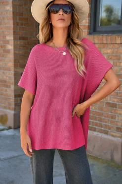 Discount Dear-Lover Short Sleeve Side Slit Oversized Sweater Rose Red