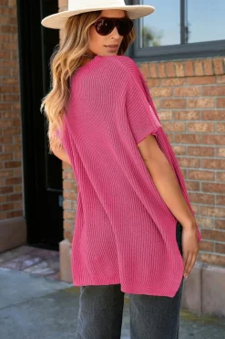 Discount Dear-Lover Short Sleeve Side Slit Oversized Sweater Rose Red