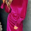 Sale Dear-Lover Smocked Mock Neck Ruffled Puff Sleeve Velvet Mini Dress Rose Red