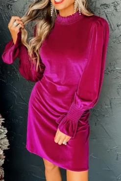 Sale Dear-Lover Smocked Mock Neck Ruffled Puff Sleeve Velvet Mini Dress Rose Red