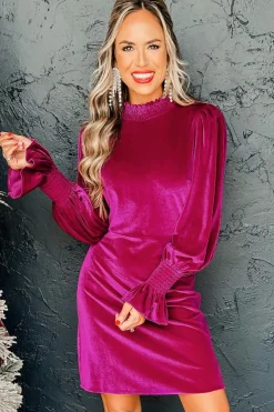 Sale Dear-Lover Smocked Mock Neck Ruffled Puff Sleeve Velvet Mini Dress Rose Red