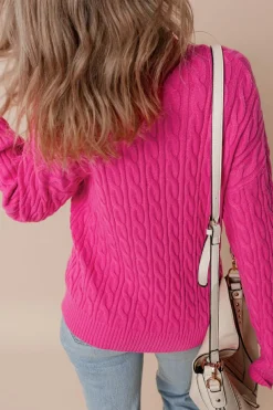 Best Dear-Lover Solid Cable Knit High Neck Drop Shoulder Sweater Rose Red