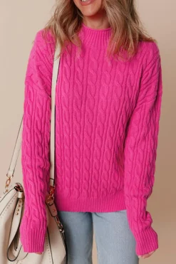 Best Dear-Lover Solid Cable Knit High Neck Drop Shoulder Sweater Rose Red