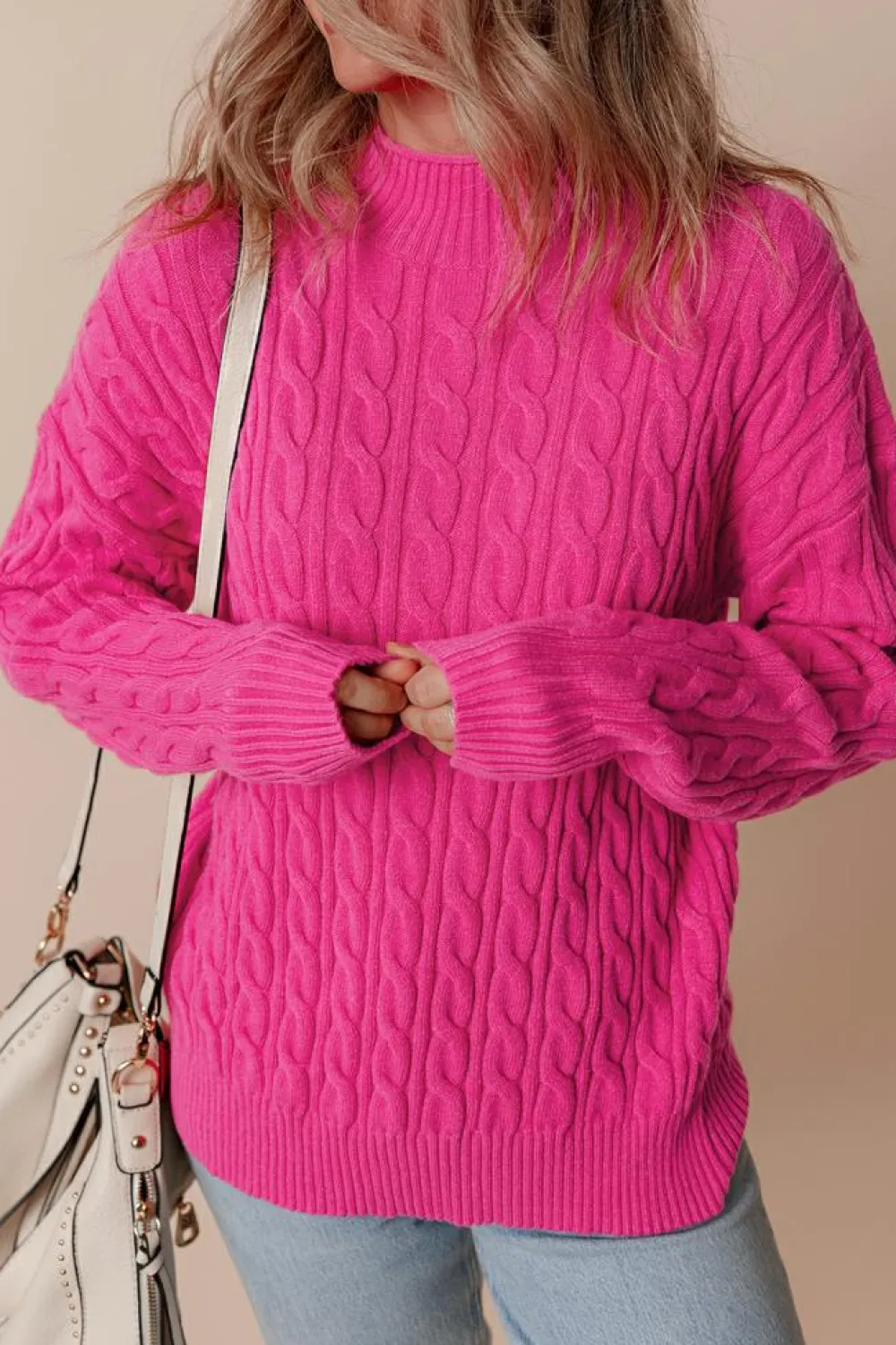 Best Dear-Lover Solid Cable Knit High Neck Drop Shoulder Sweater Rose Red