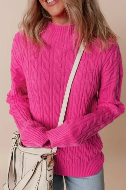 Best Dear-Lover Solid Cable Knit High Neck Drop Shoulder Sweater Rose Red