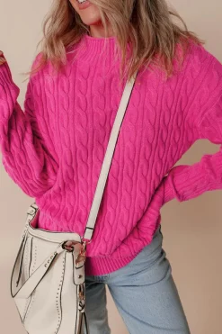 Best Dear-Lover Solid Cable Knit High Neck Drop Shoulder Sweater Rose Red