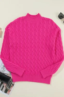 Best Dear-Lover Solid Cable Knit High Neck Drop Shoulder Sweater Rose Red