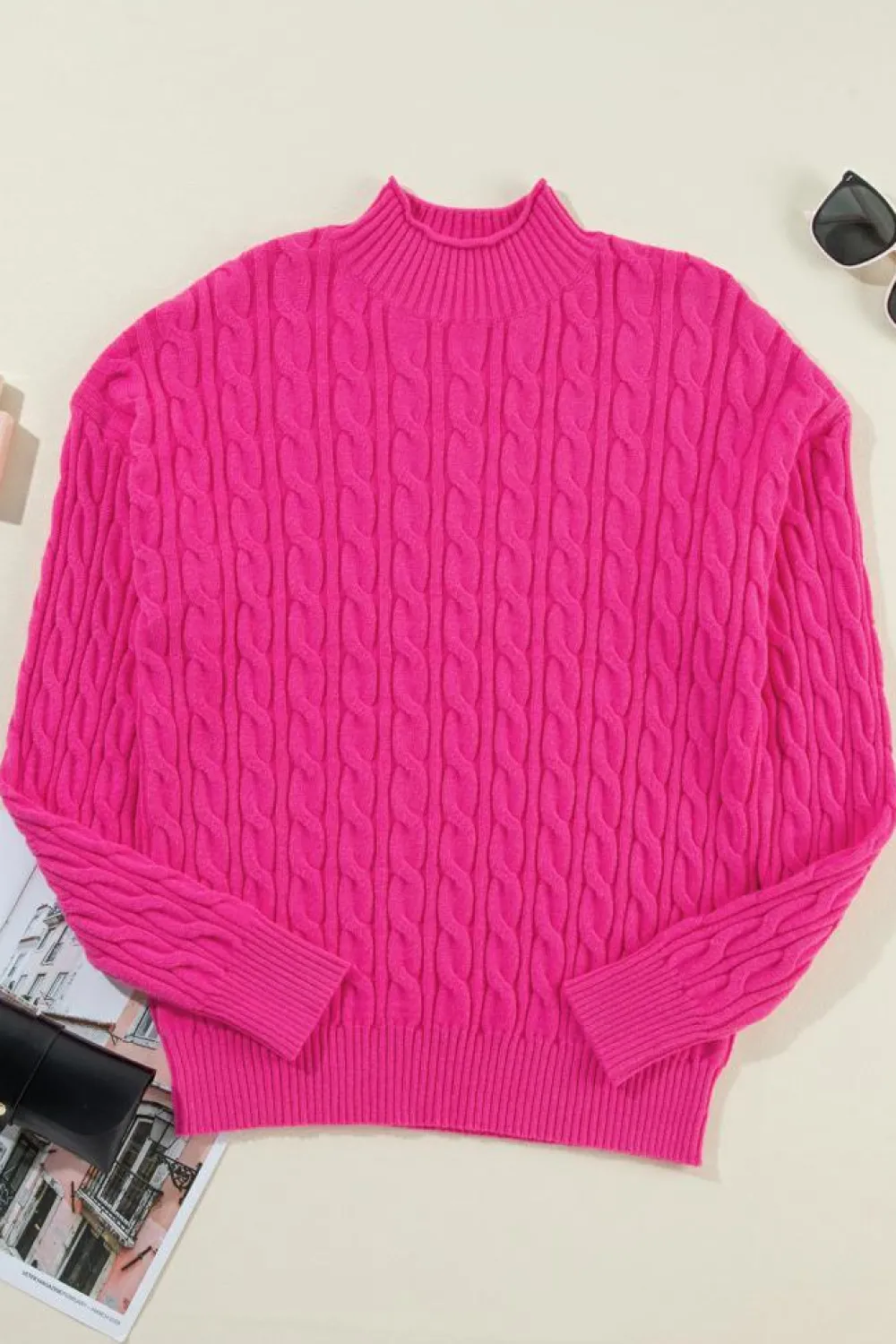 Best Dear-Lover Solid Cable Knit High Neck Drop Shoulder Sweater Rose Red