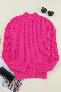 Best Dear-Lover Solid Cable Knit High Neck Drop Shoulder Sweater Rose Red