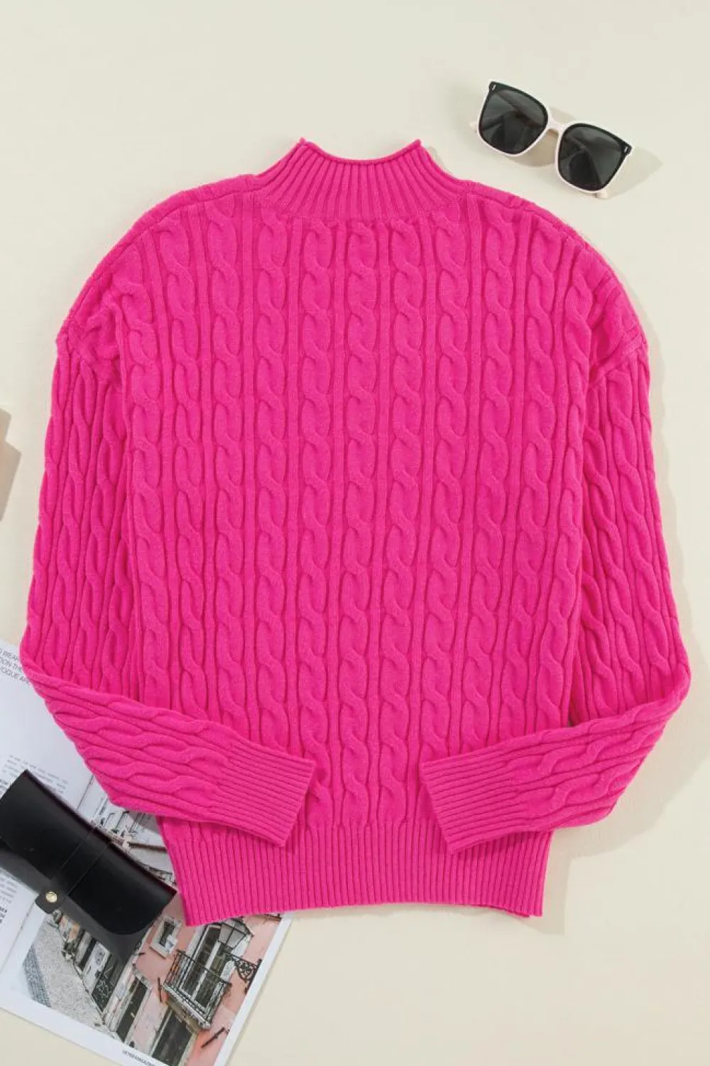 Best Dear-Lover Solid Cable Knit High Neck Drop Shoulder Sweater Rose Red