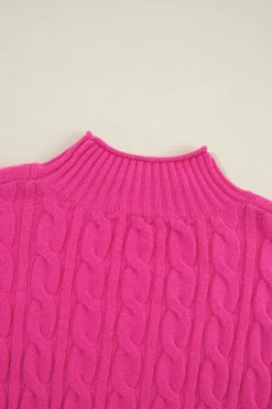 Best Dear-Lover Solid Cable Knit High Neck Drop Shoulder Sweater Rose Red