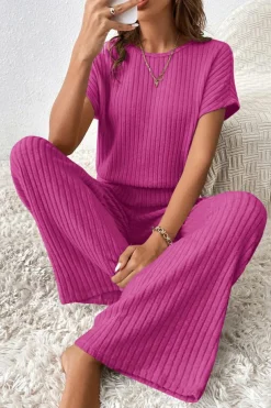 Clearance Dear-Lover Solid Color Ribbed Short Sleeve Wide Leg Jumpsuit Rose Red