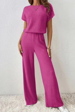 Clearance Dear-Lover Solid Color Ribbed Short Sleeve Wide Leg Jumpsuit Rose Red