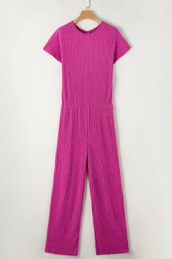Clearance Dear-Lover Solid Color Ribbed Short Sleeve Wide Leg Jumpsuit Rose Red