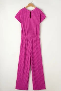 Clearance Dear-Lover Solid Color Ribbed Short Sleeve Wide Leg Jumpsuit Rose Red