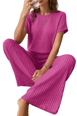 Clearance Dear-Lover Solid Color Ribbed Short Sleeve Wide Leg Jumpsuit Rose Red