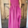 Fashion Dear-Lover Solid Color Ruffled Straps Smocked Ruched Maxi Dress Rose Red