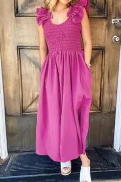 Fashion Dear-Lover Solid Color Ruffled Straps Smocked Ruched Maxi Dress Rose Red