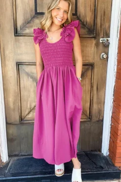 Fashion Dear-Lover Solid Color Ruffled Straps Smocked Ruched Maxi Dress Rose Red